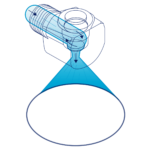 Illustration av hur sprayen skapas av en tangentiell hålkonsdysa. Den utgående sprayen är 90° i relation till ingångsaxeln. Spraybilden skapas genom att vätskan passerar en virvelkammare utan virvelinsats, innan vätskan lämnar utloppsmynningen. Sprayen är koncentrerad till den yttre delen av spraykonen.