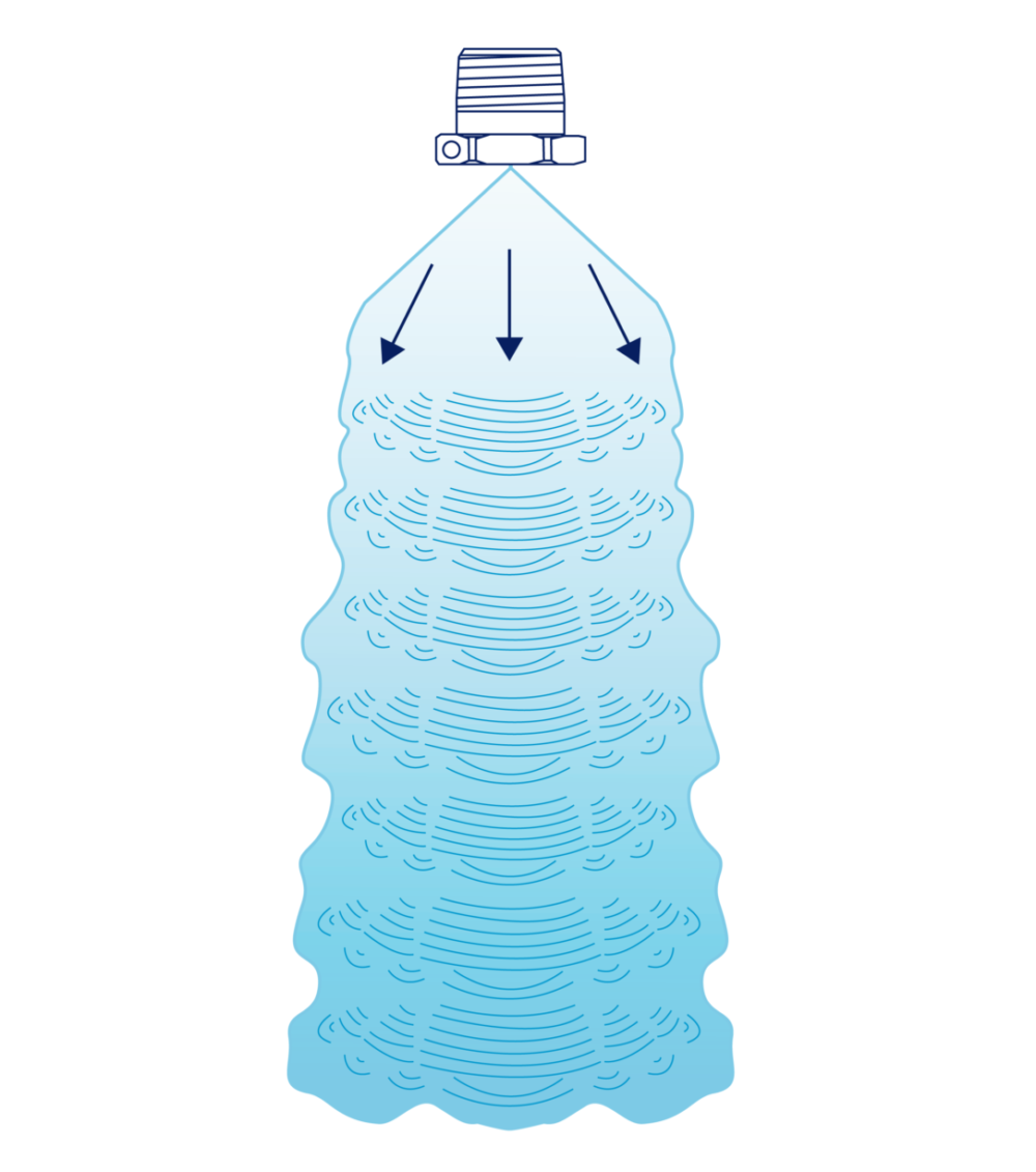 Illustration av hur sprayen skapas av en dimdysa med ett litet öppningshål. Vätskan finfördelas till en dimma av små droppar då den tvingas genom en liten öppning.