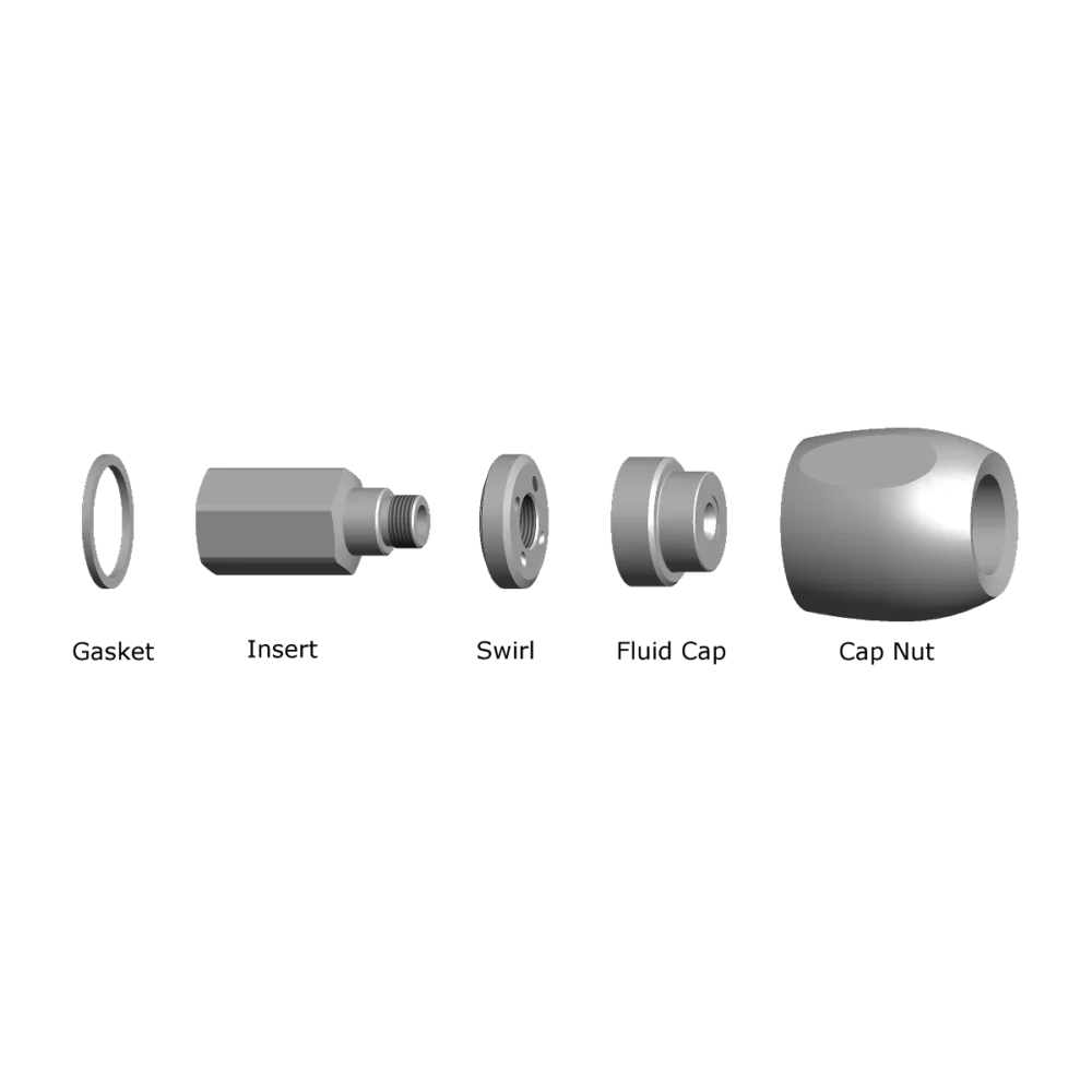 Illustration of the Spillback nozzle and its components - Cap nut, fluid cap, swirl, insert & gasket.