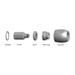 Illustration of the Spillback nozzle and its components - Cap nut, fluid cap, swirl, insert & gasket.